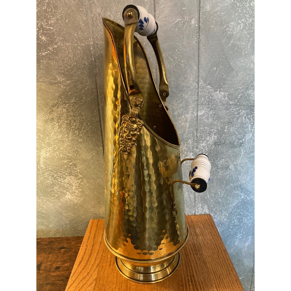 Vintage Hammered Brass Coal Scuttle Lion Head Umbrella Stand Ceramic Handles